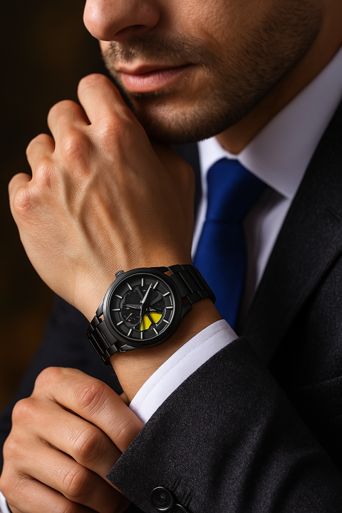 Relógio Masculino Automático Preto com Mostrador Esportivo e Detalhes Amarelos
