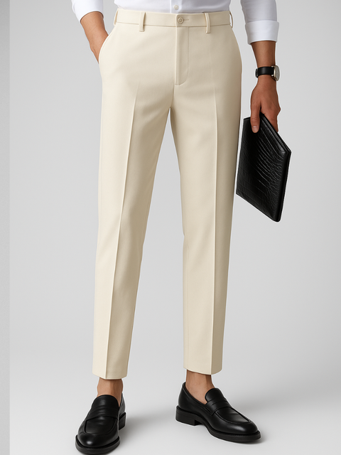Close do corpo de homem vestindo calça de alfaiataria ivory com camisa branca, segurando pasta preta em couro, fundo branco e visual refinado.