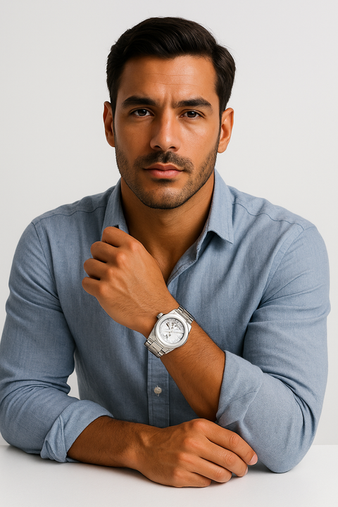 Homem vestindo camisa social azul clara com o pulso apoiado sobre uma superfície, destacando relógio masculino com mostrador prata em fundo branco, estilo clássico refinado.