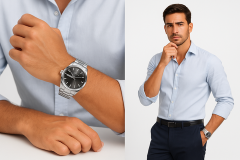Homem vestindo camisa social azul clara com o pulso apoiado sobre uma superfície e também em pé, destacando relógio masculino prateado com mostrador escuro em fundo branco, estilo clássico executivo.





