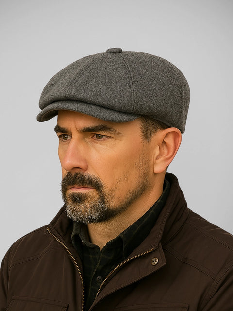 Boina masculina cinza escuro estilo Gatsby com inspiração Peaky Blinders, usada por modelo masculino de barba bem feita com jaqueta marrom
