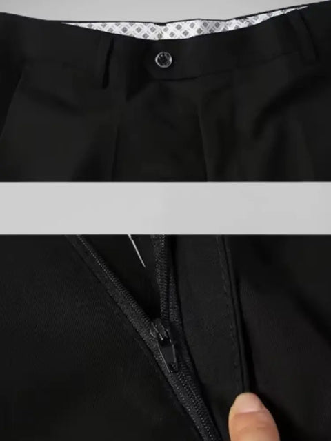 Detalhe do zíper e botão da calça social masculina preta.