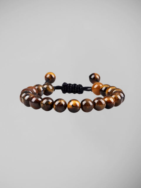 Pulseira masculina olho de tigre com pedras naturais marrom e cordão ajustável