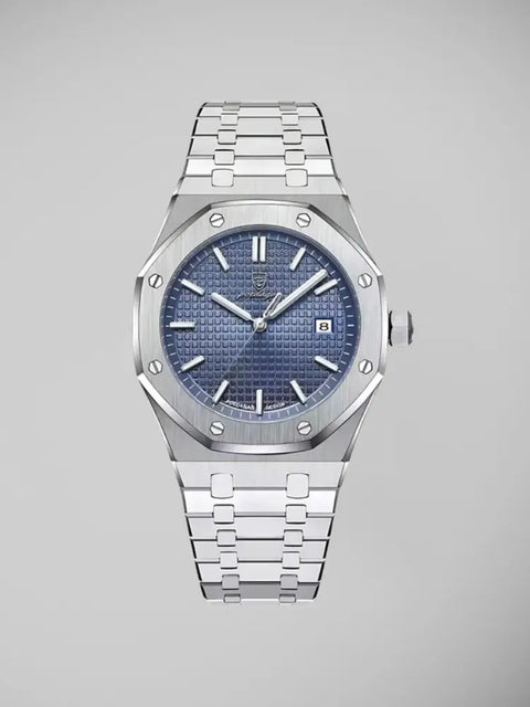 Relógio masculino azul com mostrador texturizado e pulseira de aço