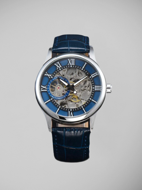 Relógio masculino de estilo clássico com mecanismo à mostra e pulseira azul elegante