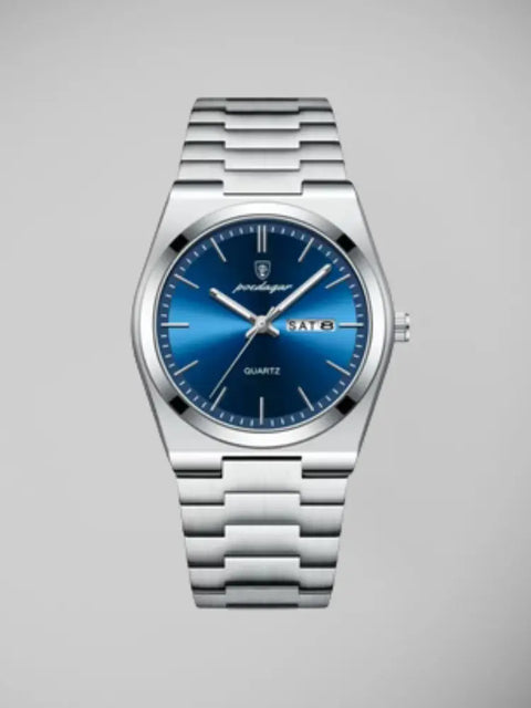 Relógio masculino POEDAGAR com mostrador azul, pulseira de aço inoxidável e calendário